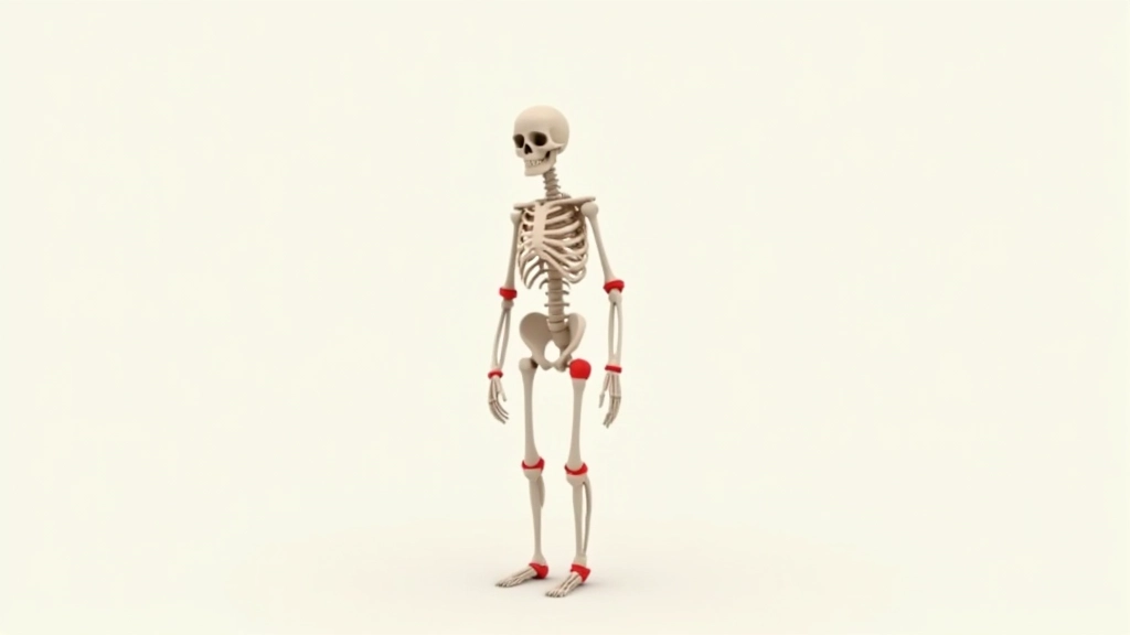 Diagramma anatomico di un personaggio cartoon con marcature rosse che indicano i punti articolari principali: spalla, gomito, polso, anca, ginocchio, caviglia