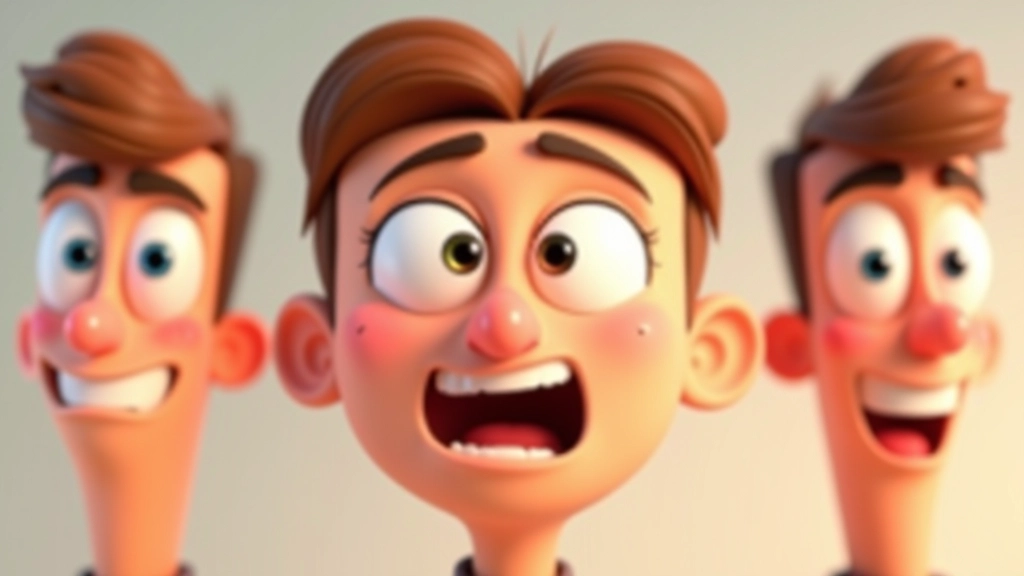 Primo piano di volto di personaggio animato con diverse espressioni facciali in sequenza