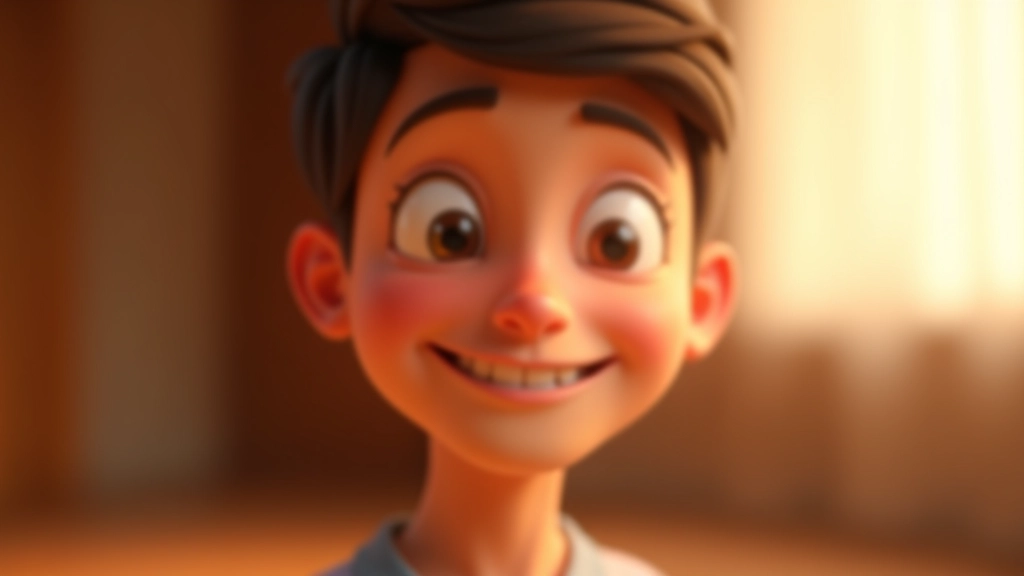 Primo piano di personaggio animato che mostra transizione da espressione neutra a sorridenti, lighting morbido, background sfocato