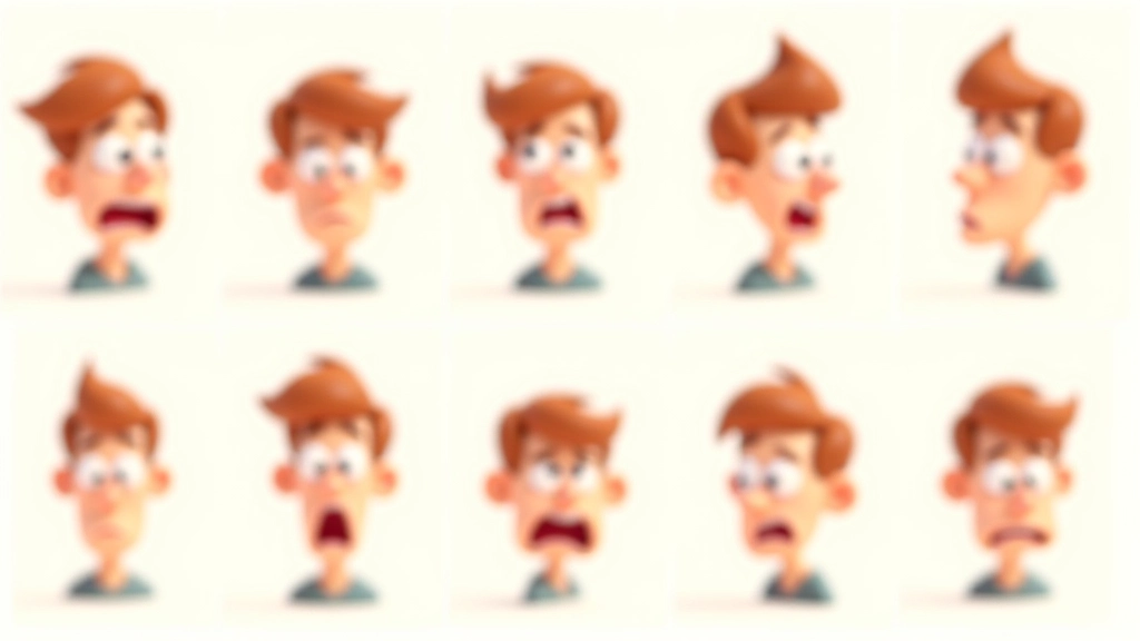 Sequenza di fotogrammi che mostra animazione di espressione facciale da neutra a sorpresa in 12 frame, personaggio cartoon, colori brillanti