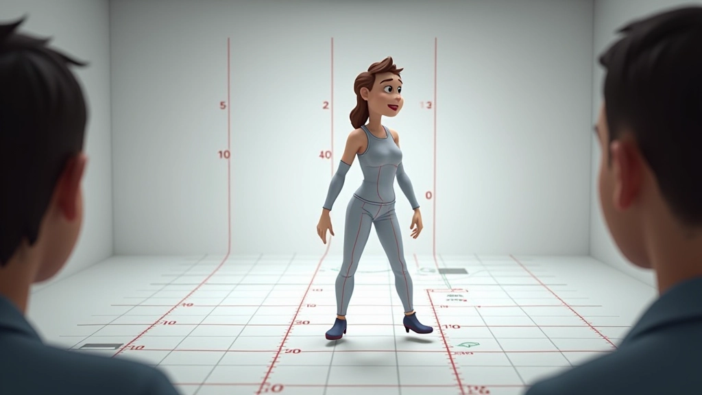 Schermata di software di animazione che mostra un personaggio su una griglia di costruzione con i punti articolari etichettati con coordinate X,Y precise