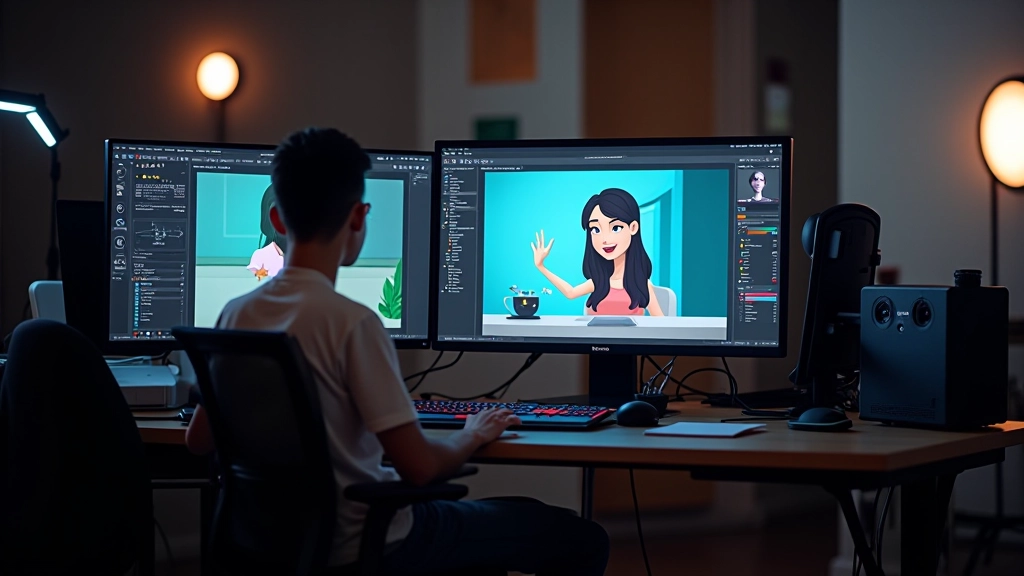 Tre monitor diversi che mostrano tre software di animazione differenti, scena di studio di animazione professionale, illuminazione moderna