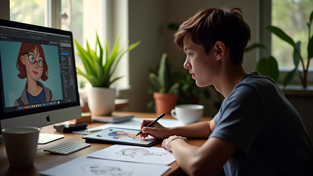 Tavolo di lavoro con tavoletta grafica, software di animazione sullo schermo e appunti di storyboard
