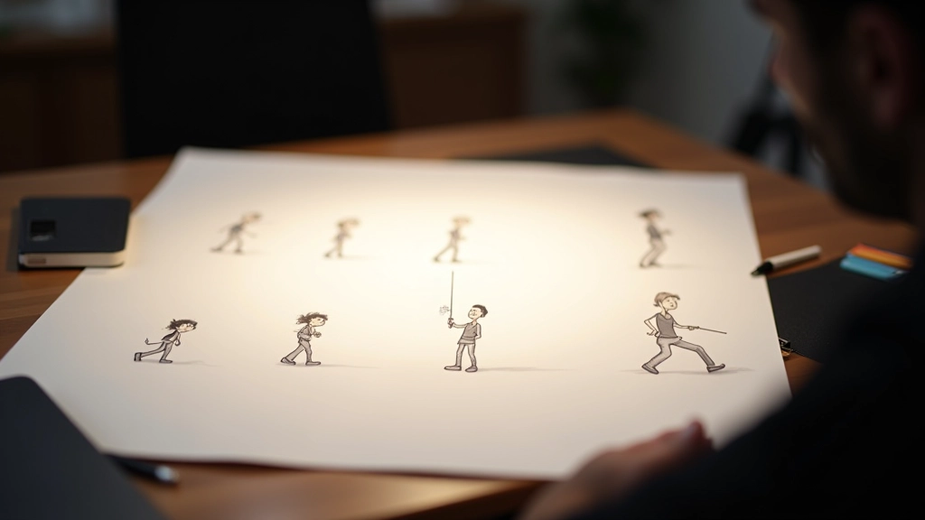 Sequenza di disegni a matita mostrando diverse fasi di sviluppo di un ciclo di camminata, dal schizzo iniziale alla versione finale animata
