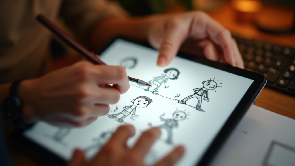 Mani di un animatore che disegna i keyframe di un personaggio 2D su tavoletta digitale