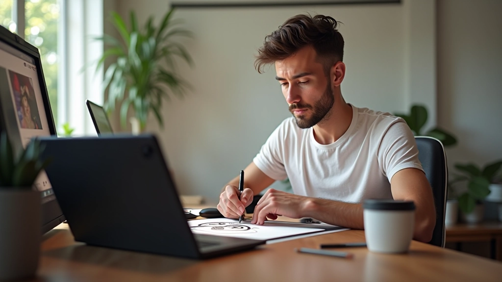 Primo piano di animatore che lavora al computer, disegna espressioni facciali su tablet, studio moderno ben illuminato