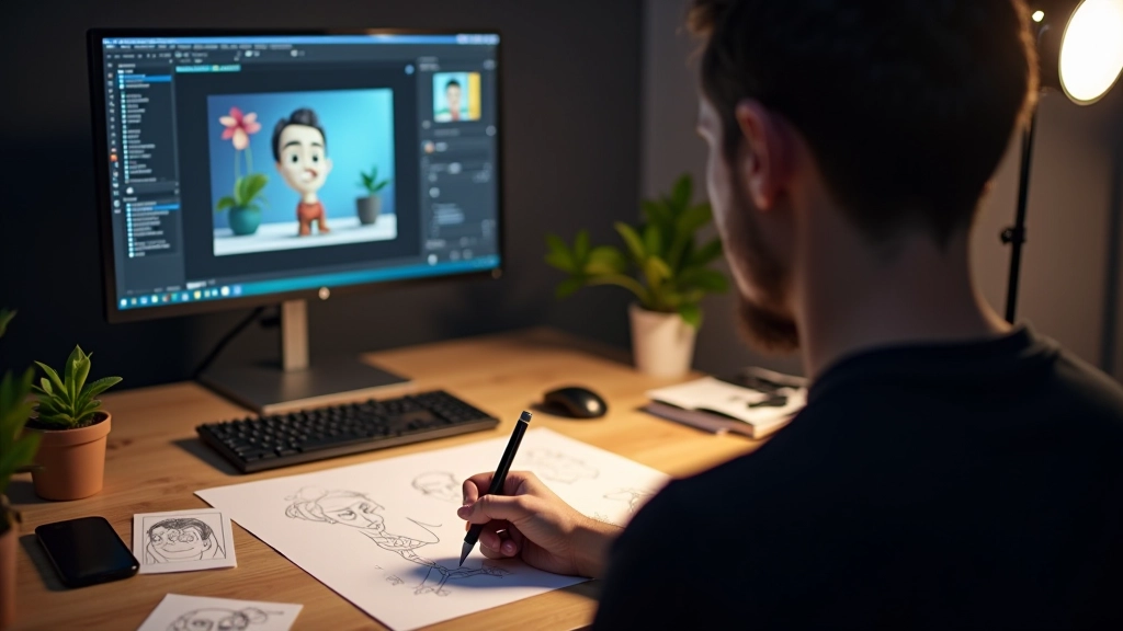Studio di animazione professionale con tavolo da lavoro e strumenti di disegno digitale