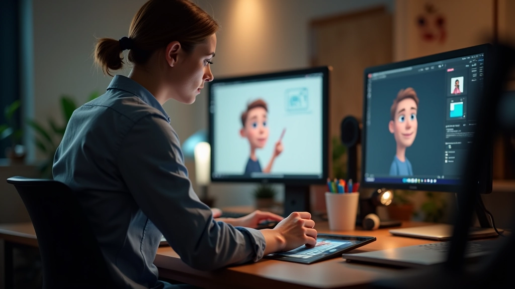 Studio di animazione digitale con tavolo da disegno e schermo, attrezzature professionali per l'animazione 2D
