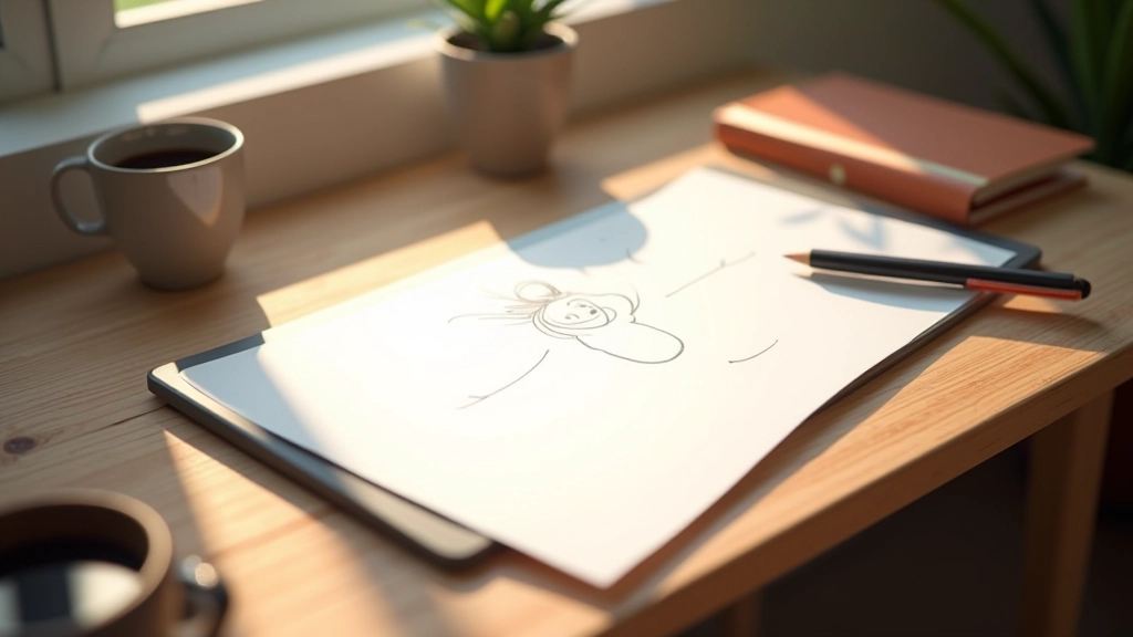 Tavoletta grafica nera posizionata su una scrivania accanto a una tazza di caffè e quaderni di schizzi, illuminazione naturale dalla finestra