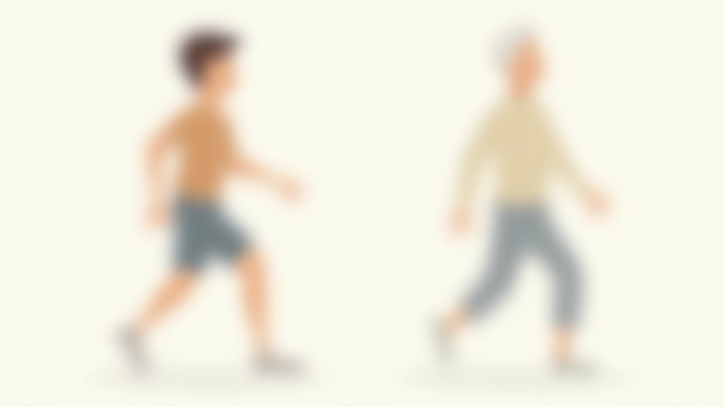 Illustrazione che mostra la differenza di movimento tra un personaggio giovane atletico e uno più anziano con andatura più lenta e cauta