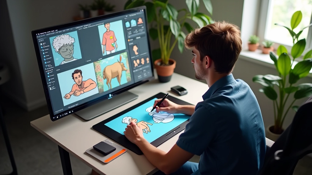 Studio di animazione moderno con computer e strumenti di lavoro, monitor con software di animazione